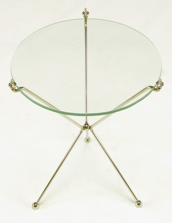 American French Directoire Style Polished Bent Brass Rod Tripod Table.