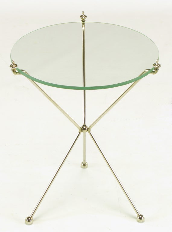 20th Century French Directoire Style Polished Bent Brass Rod Tripod Table.