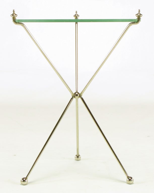 Glass French Directoire Style Polished Bent Brass Rod Tripod Table.