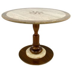 Walnut and Travertine Side Table With Marquetry Center 10
