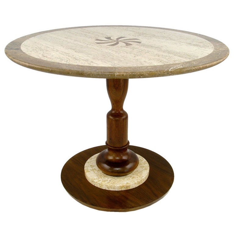 Walnut and Travertine Side Table with Marquetry Center For Sale