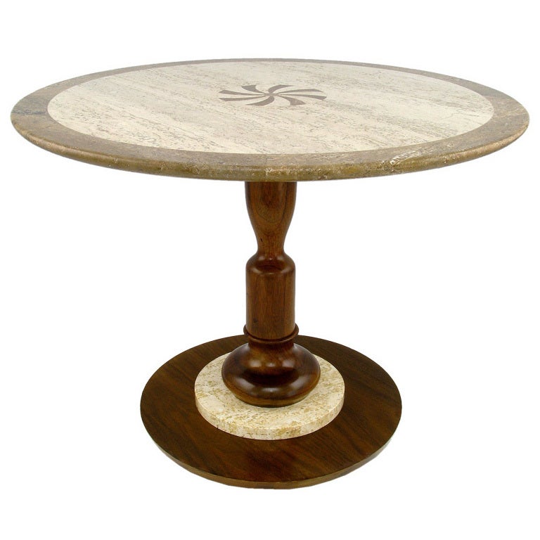 Table d'appoint en noyer et travertin avec centre en marqueterie