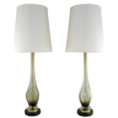 Pair Tall Murano Hand Blown Smoked Glass Table Lamps