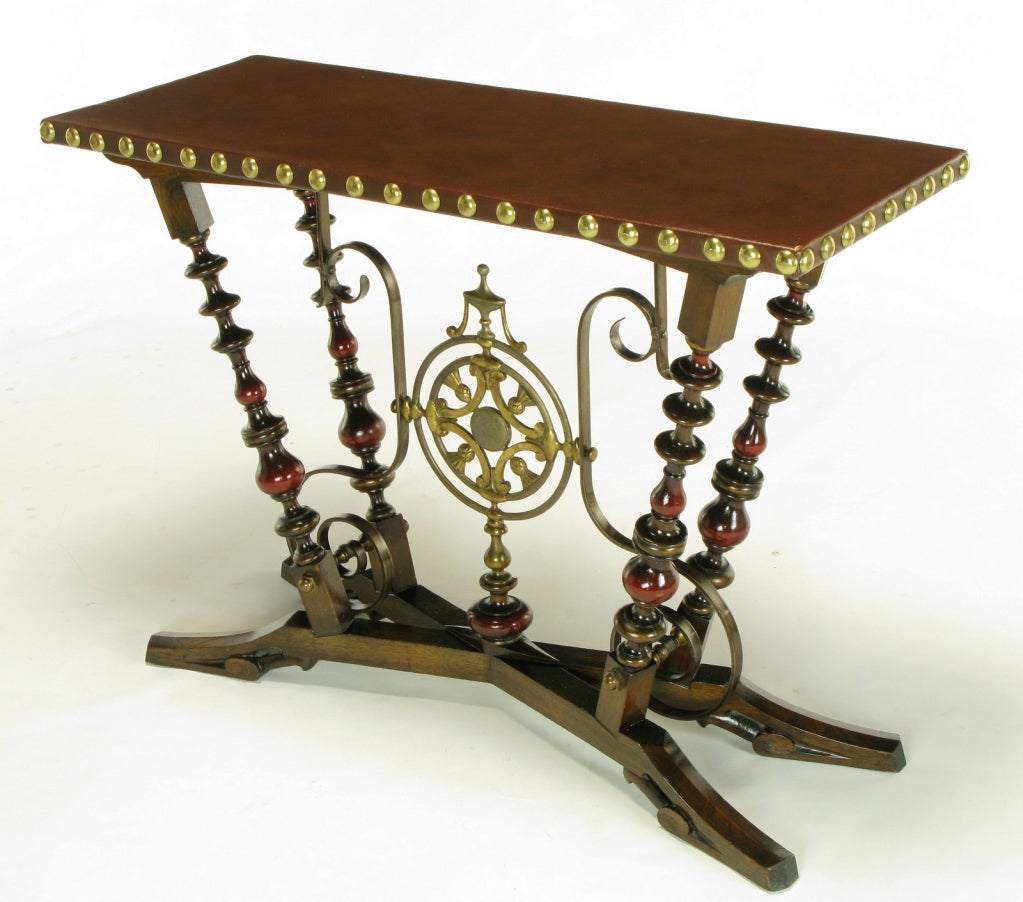 20th Century Aesthetic Movement Wood, Iron & Leather Console Table