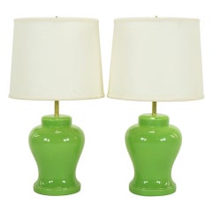 Pair Chartreuse Ceramic Ginger Jar Table Lamps