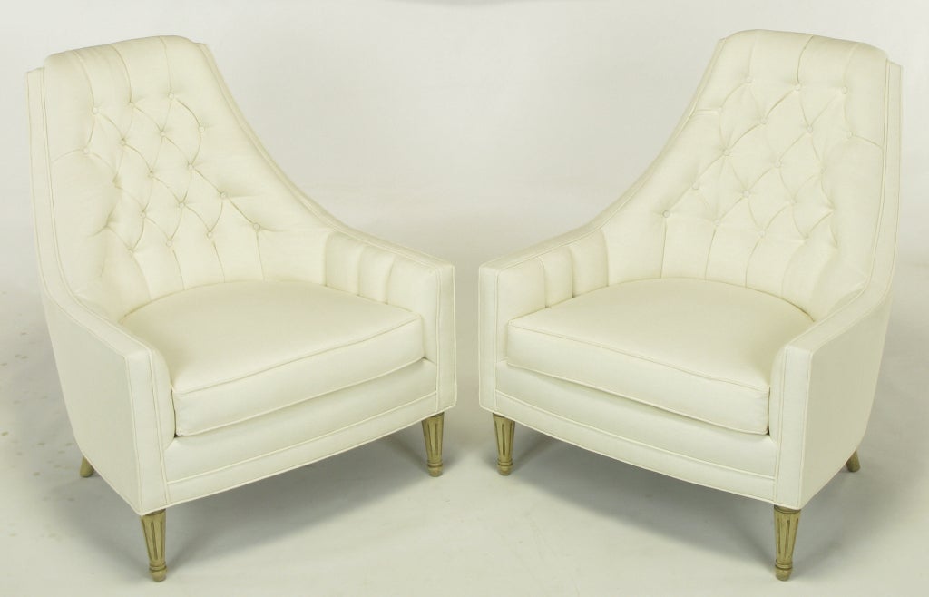 American Pair High Back Button-Tufted White Linen Lounge Chairs