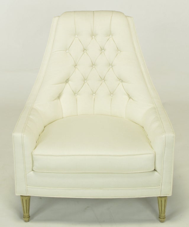Mid-20th Century Pair High Back Button-Tufted White Linen Lounge Chairs