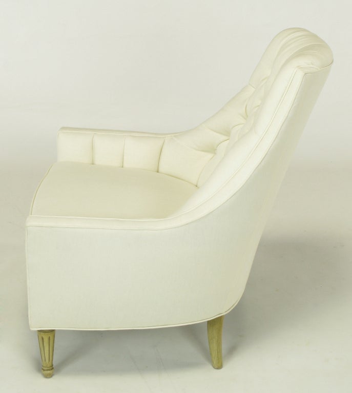 Pair High Back Button-Tufted White Linen Lounge Chairs 1
