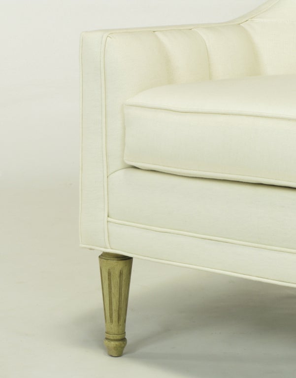 Pair High Back Button-Tufted White Linen Lounge Chairs 4