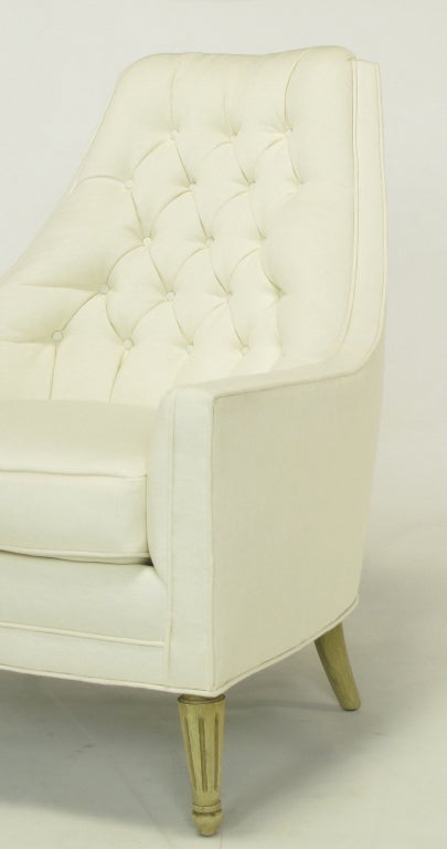 Pair High Back Button-Tufted White Linen Lounge Chairs 5