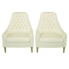 Pair High Back Button-Tufted White Linen Lounge Chairs