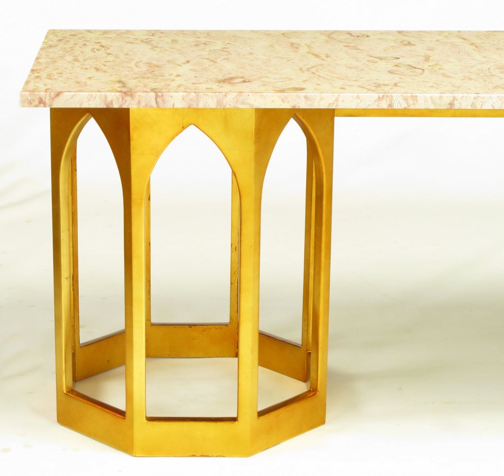 Mid-20th Century Marble Top Console Table With Twin Gilt Octagonal Bases
