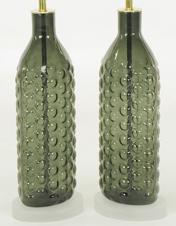 Lucite Pair Hand Blown Smoke Bubble Glass Table Lamps