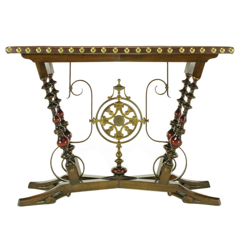Aesthetic Movement Wood, Iron & Leather Console Table