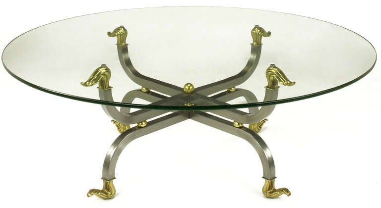 Uncommon gun metal steel and brass mirror image coffee table base with 42