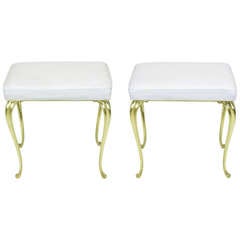 Pair White Calfskin & Brass Cabriole Benches
