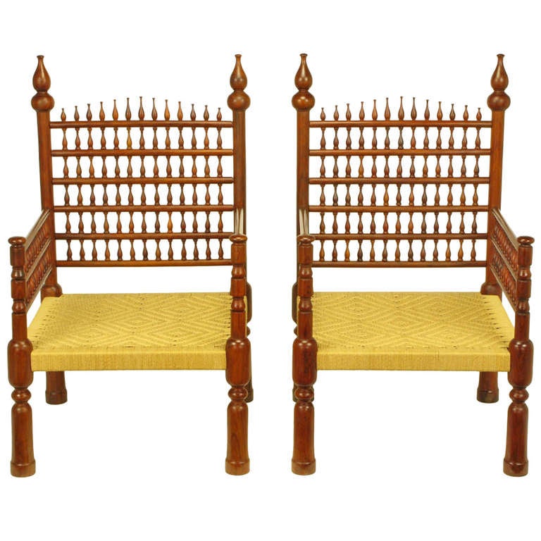 Pair Grand Moroccan Inspired Teak Open Fretwork & Rush Arm Chairs