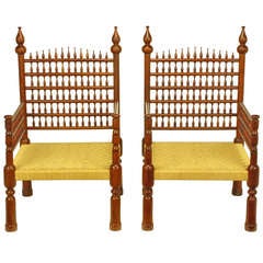 Pair Grand Moroccan Inspired Teak Open Fretwork & Rush Arm Chairs