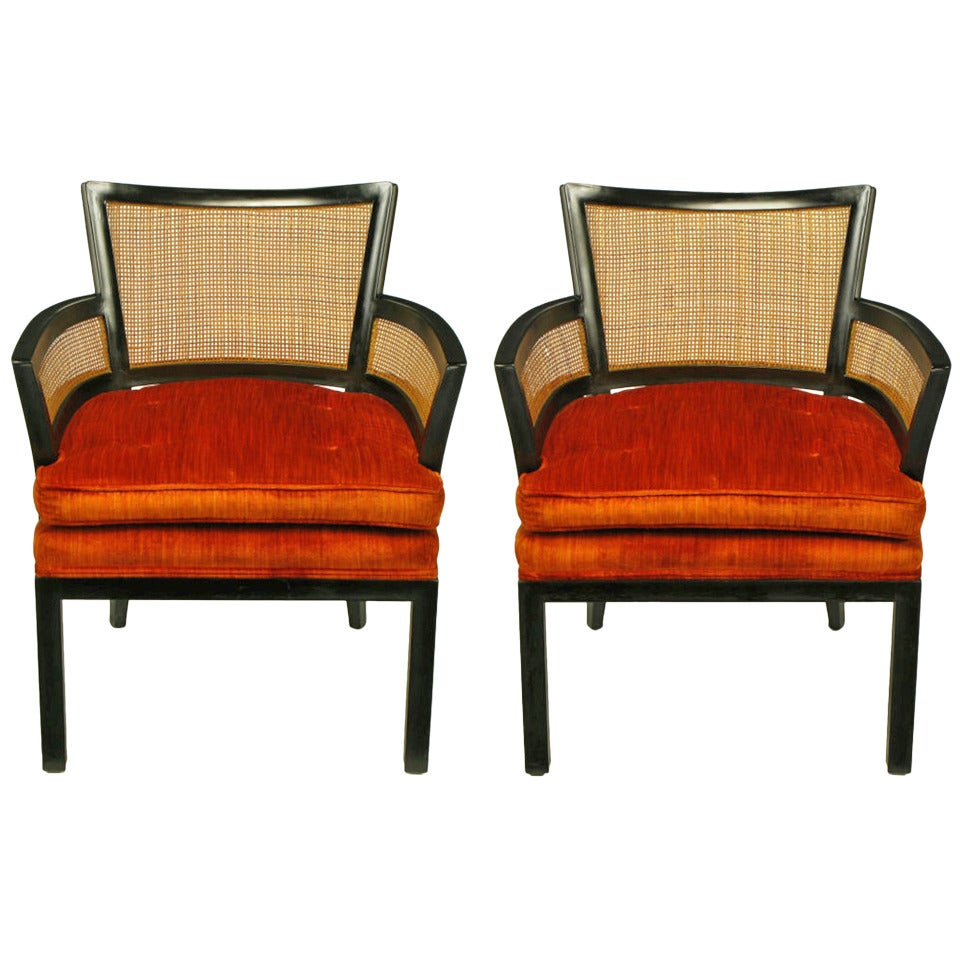 Pair Baker Ebonized Mahogany & Cane Button Tufted Arm Chairs
