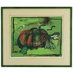 Retro Colorful Turtle Block Print In Green, Red, Black & White