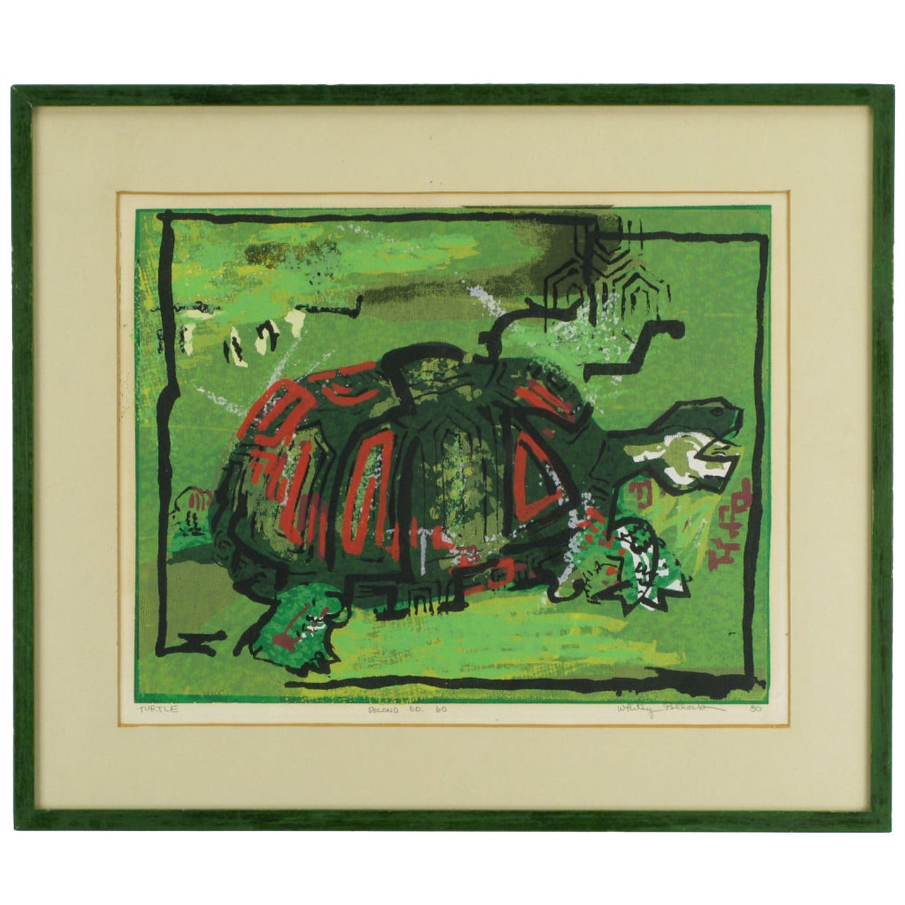 Colorful Turtle Block Print In Green, Red, Black & White For Sale