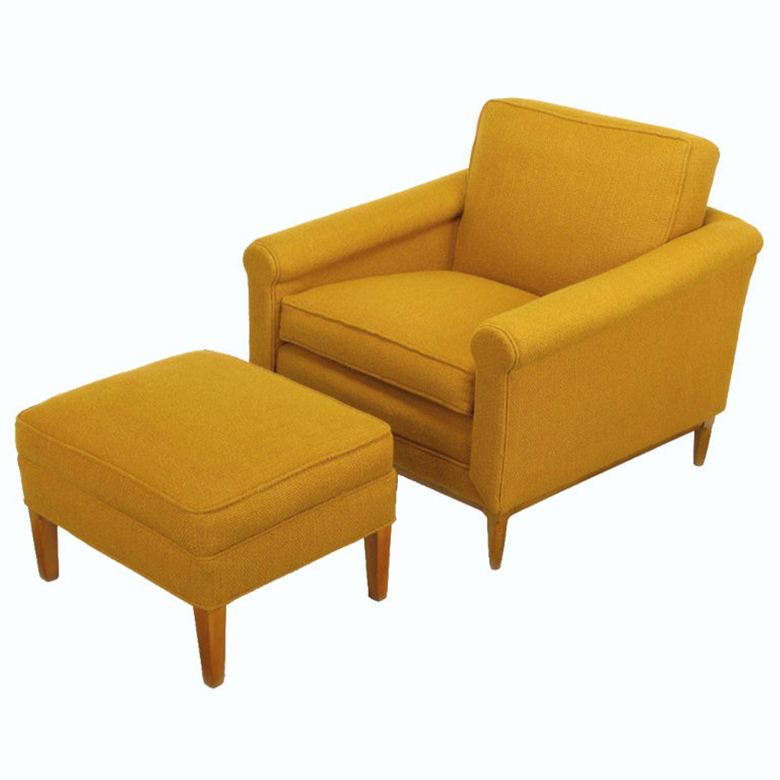 Rolled Arm Ochre Wool Lounge Chair & Ottoman