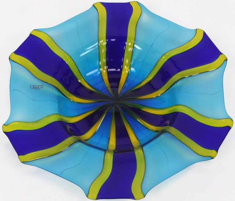 Italian Diameter Oggetti Fused Blue, Cyan, and Yellow Glass Center Piece Bowl For Sale