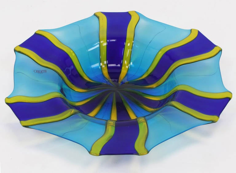 Diameter Oggetti Fused Blue, Cyan, and Yellow Glass Center Piece Bowl In Excellent Condition For Sale In Chicago, IL