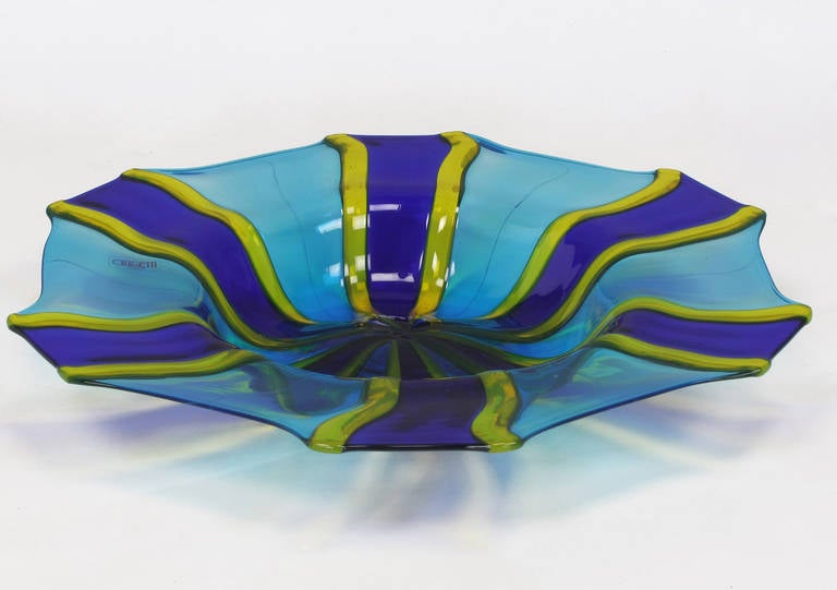 20th Century Diameter Oggetti Fused Blue, Cyan, and Yellow Glass Center Piece Bowl For Sale
