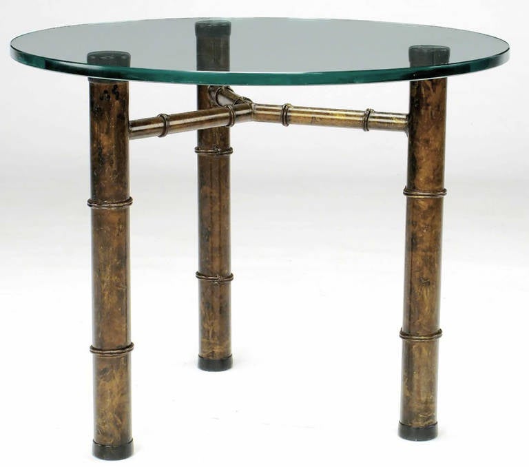 Patinated Gilt Tripod Side Table in Faux Bamboo In Good Condition For Sale In Chicago, IL