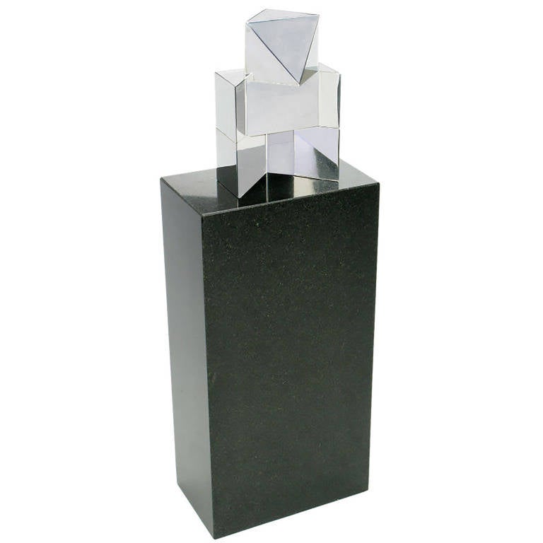 American Chrome Cubist Sculpture on Black Granite Pedestal For Sale