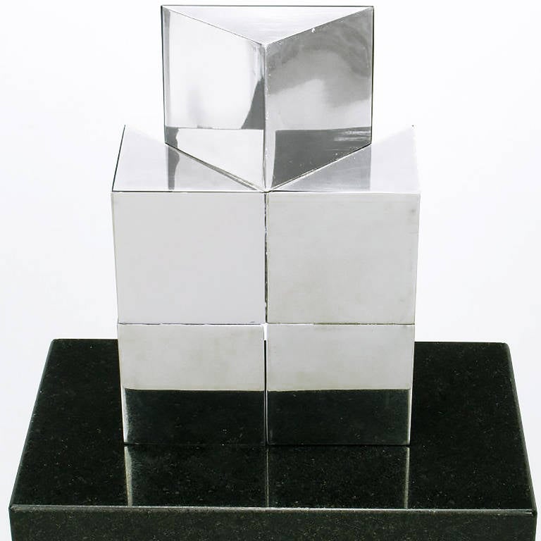 Chrome Cubist Sculpture on Black Granite Pedestal In Excellent Condition For Sale In Chicago, IL