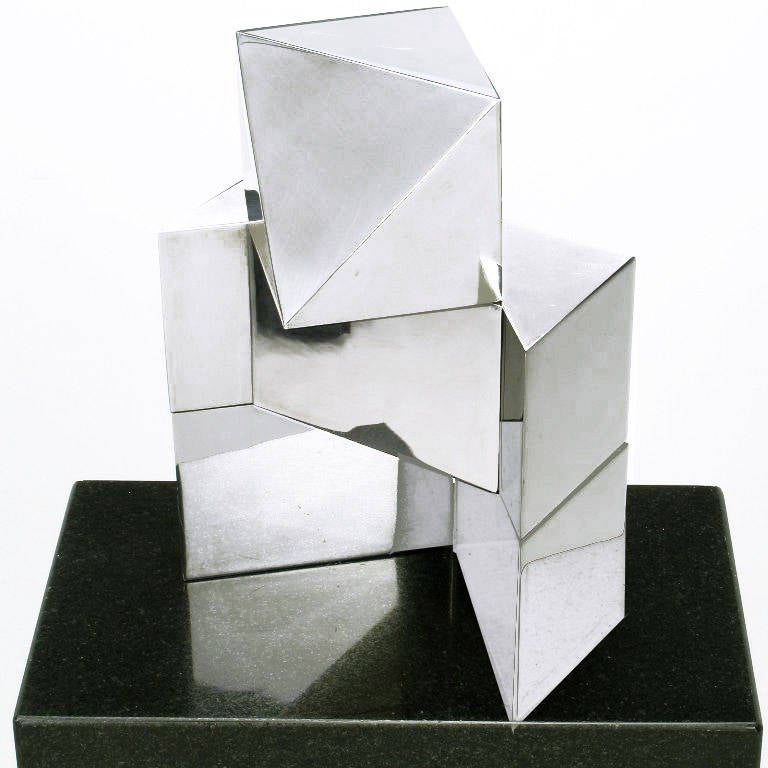 Late 20th Century Chrome Cubist Sculpture on Black Granite Pedestal For Sale