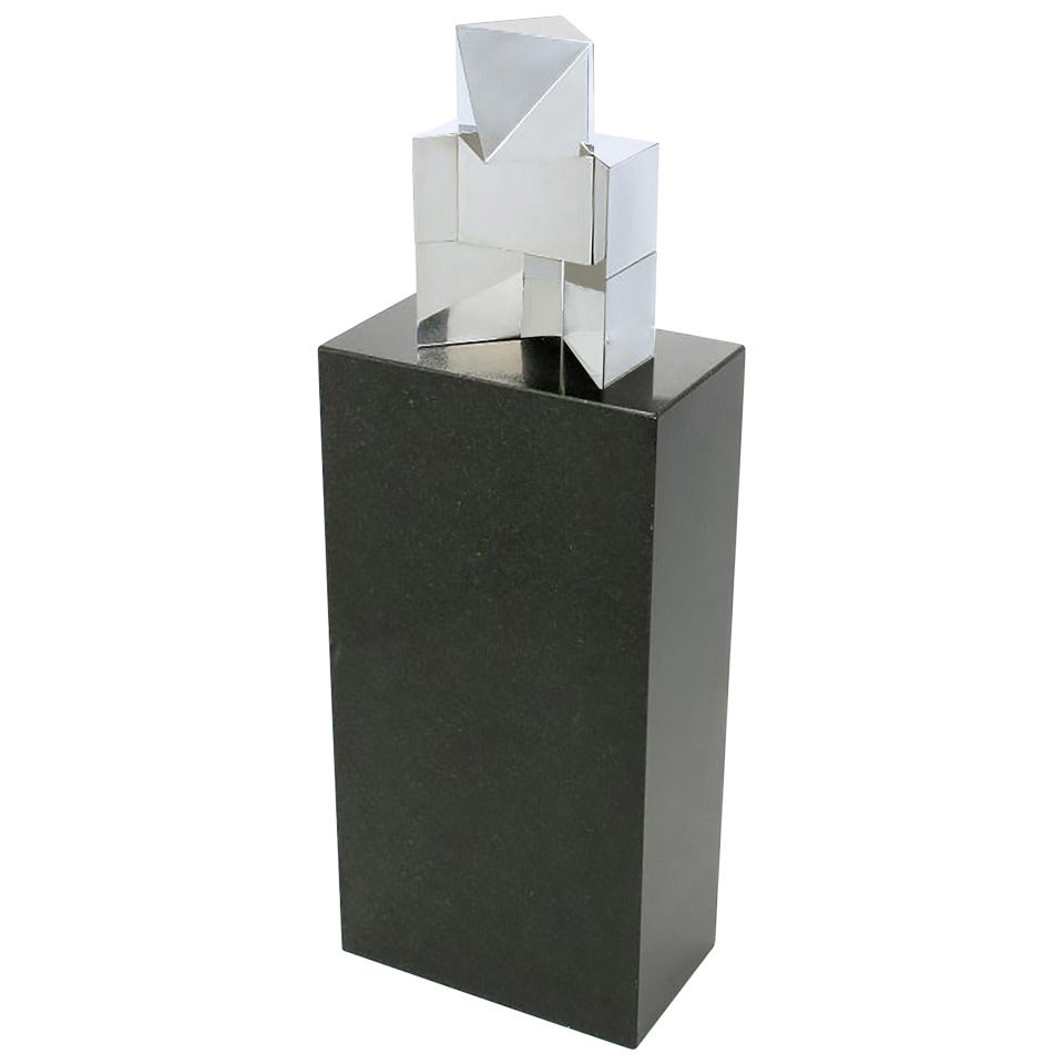 Chrome Cubist Sculpture on Black Granite Pedestal For Sale