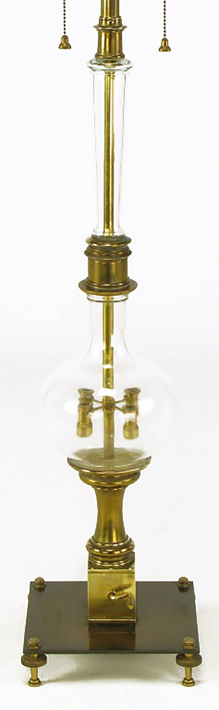 American Stiffel Tall Clear, Glass and Brass Mechanical Table Lamp For Sale
