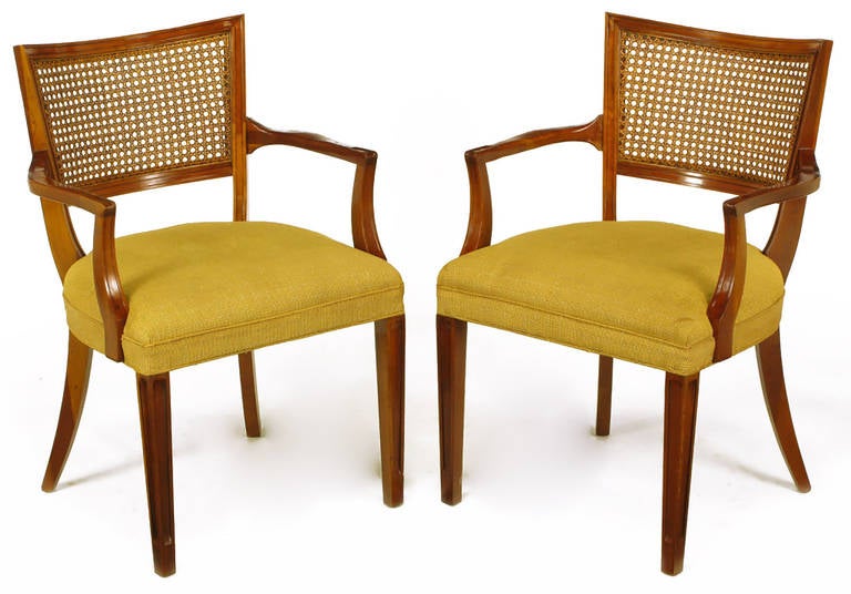 Pair of Carved Mahogany Cane-Back Armchairs, circa 1950s