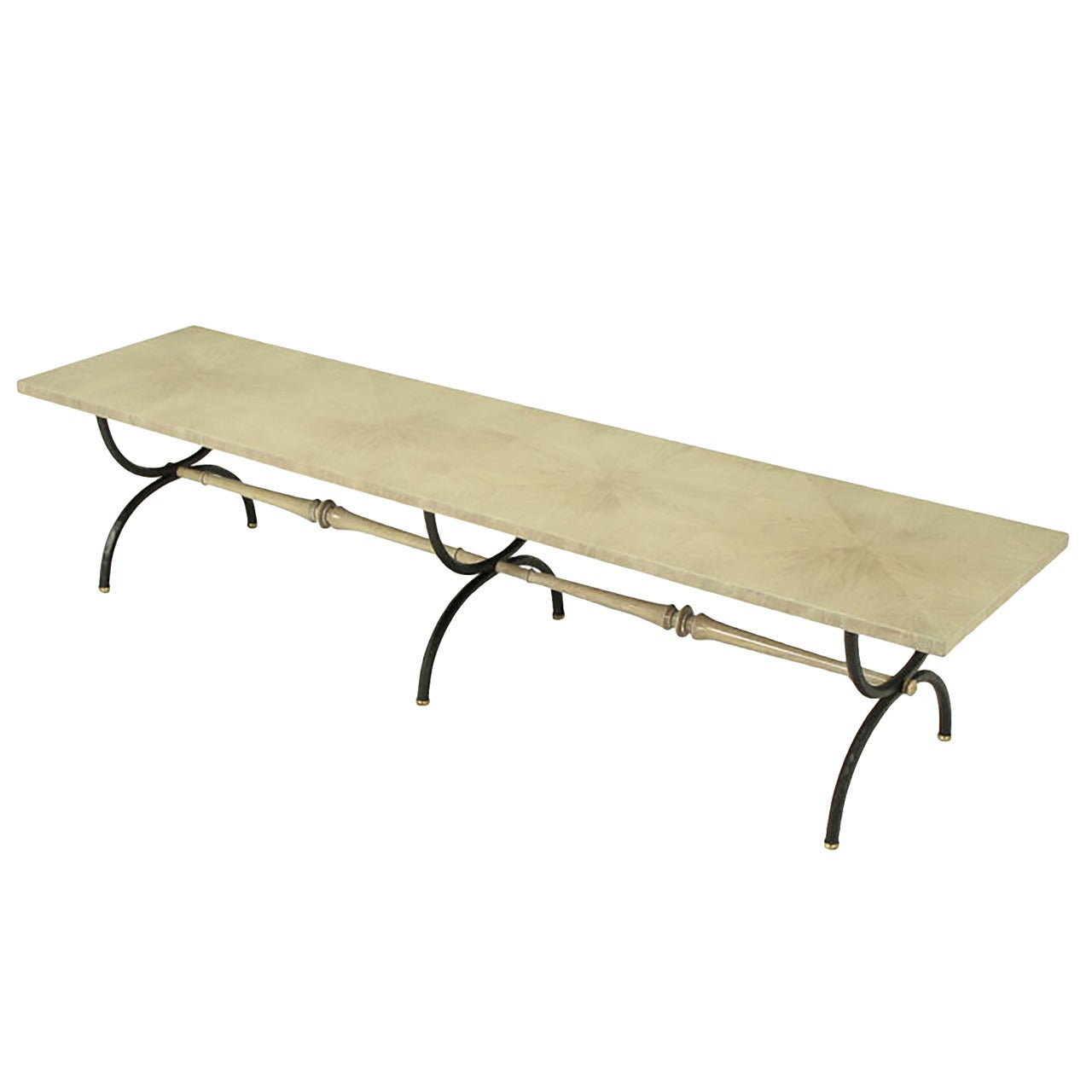 Tomlinson Driftwood Glazed Coffee Table with Triple-Curule Forged Iron Base For Sale