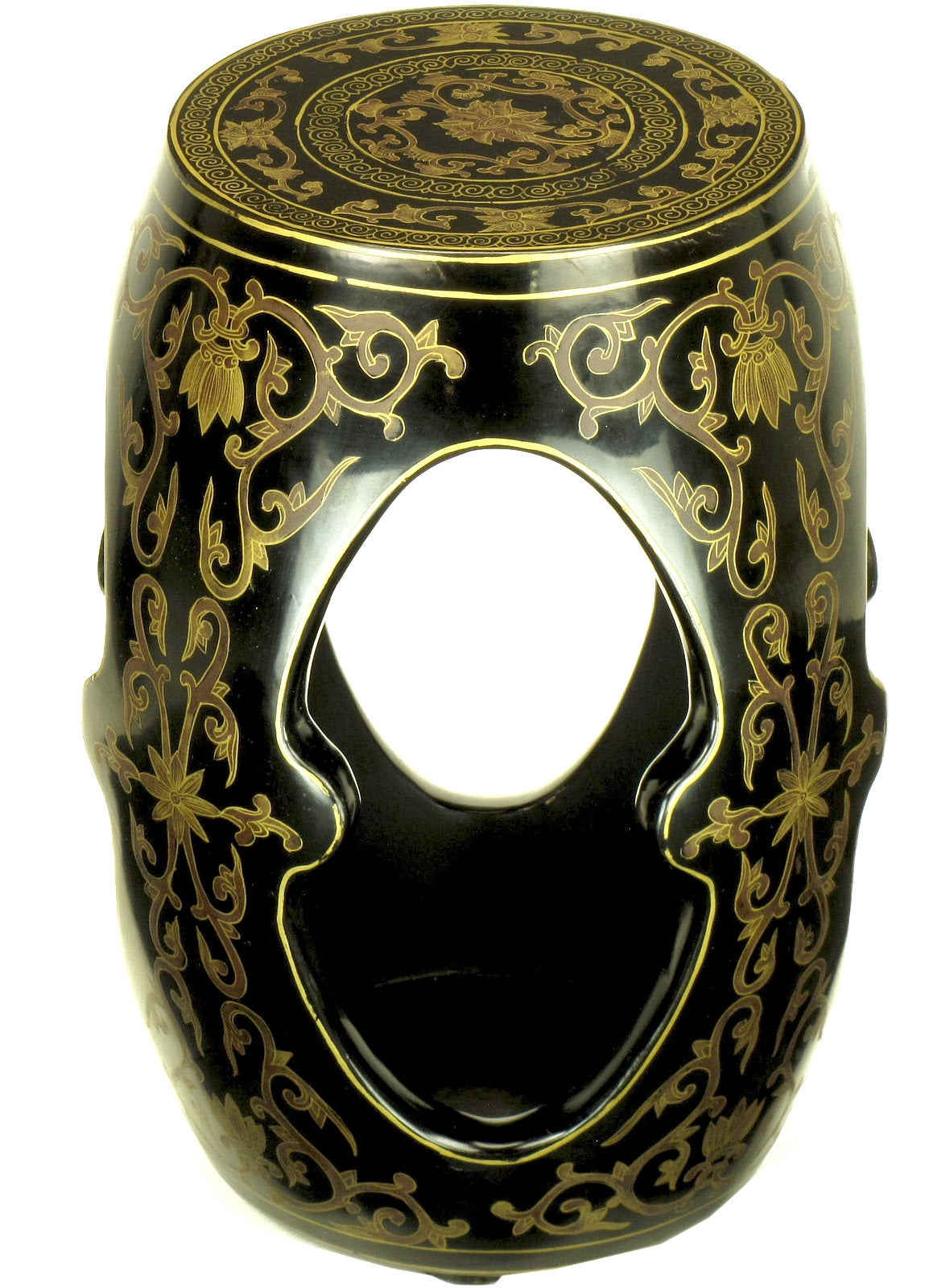 Asientos chinos de jardín de madera tallada con decoración dorada y cloisonné. Interior abierto, forma de tambor de cuatro lados.