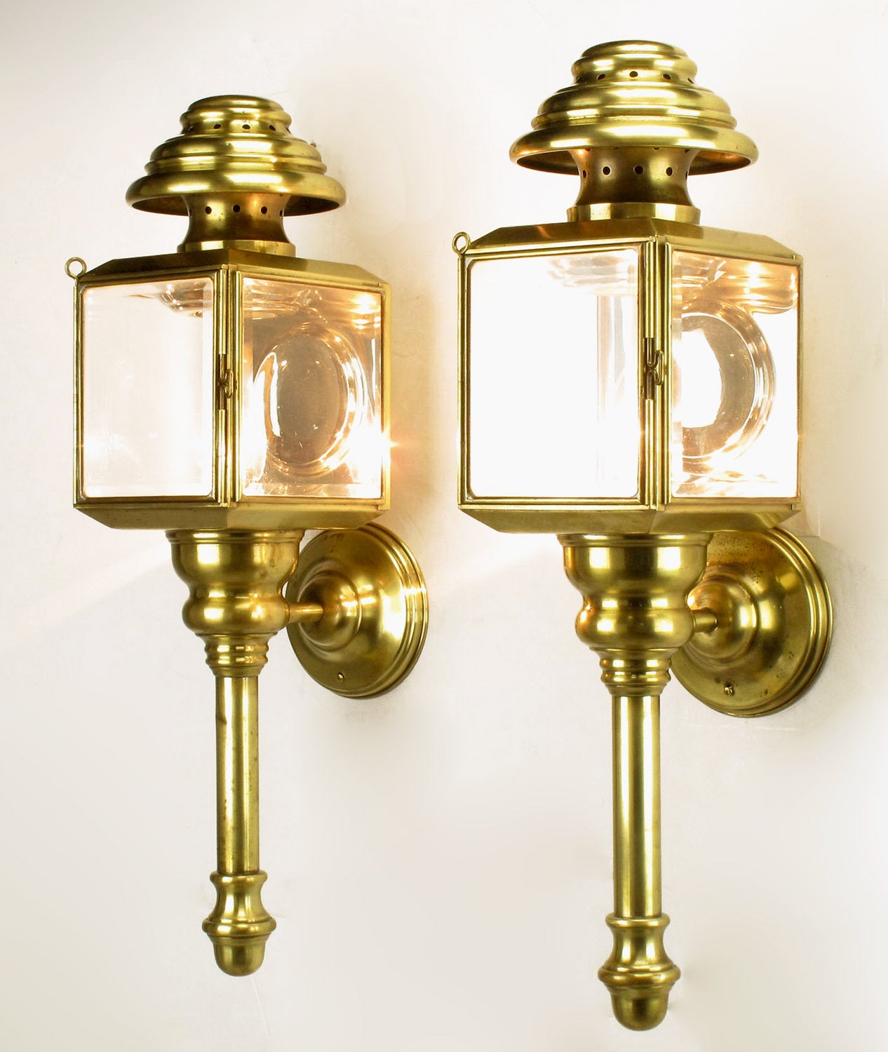 American Pair of circa 1900s Brass and Beveled Glass Electrified Coach Lights