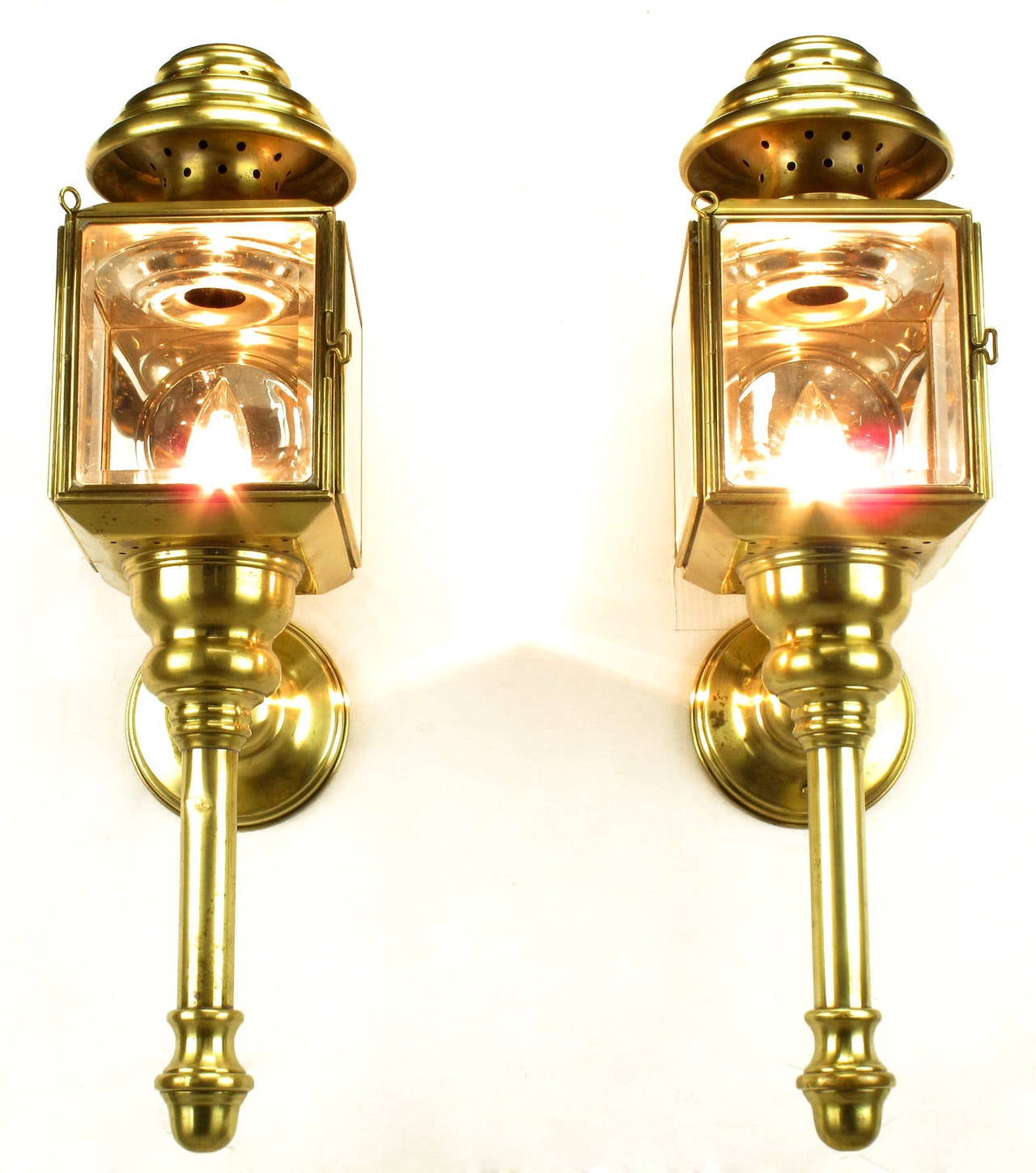 Pair of circa 1900s Brass and Beveled Glass Electrified Coach Lights 1