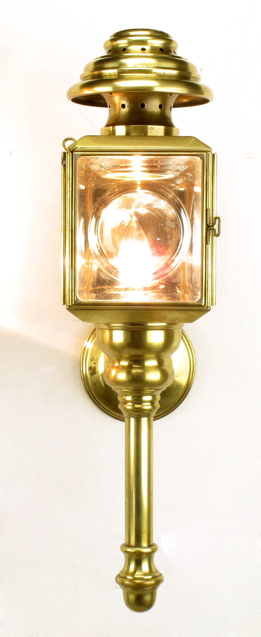 Pair of circa 1900s Brass and Beveled Glass Electrified Coach Lights 2