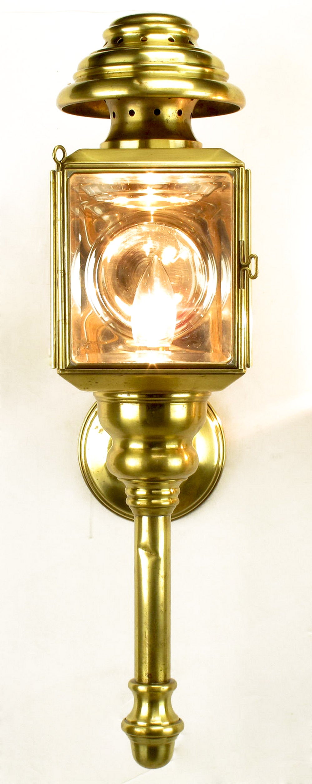 Pair of circa 1900s Brass and Beveled Glass Electrified Coach Lights 3