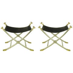 Pair of Black Leather and Brushed Nickel Benches with Brass Paws and Finials