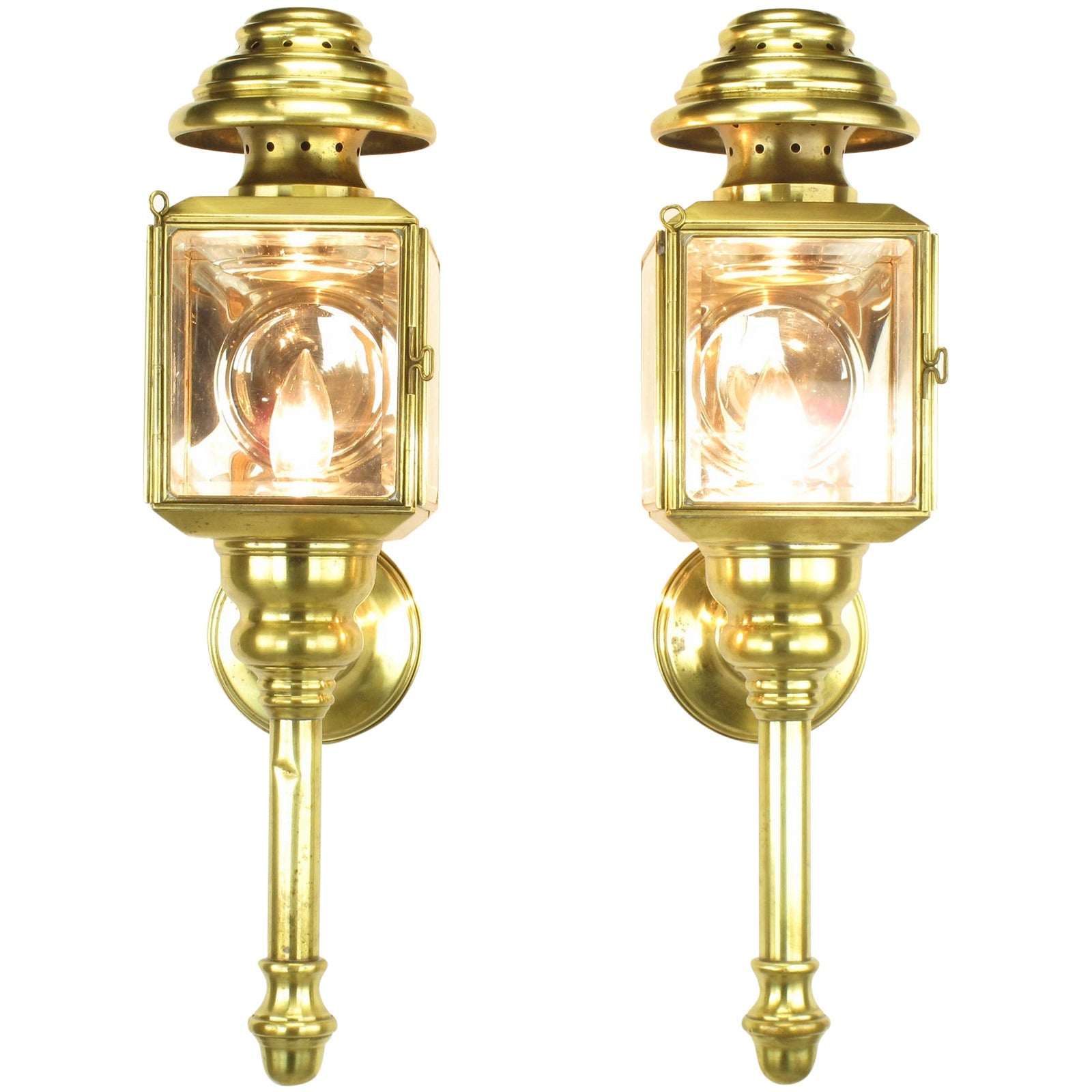 Pair of circa 1900s Brass and Beveled Glass Electrified Coach Lights