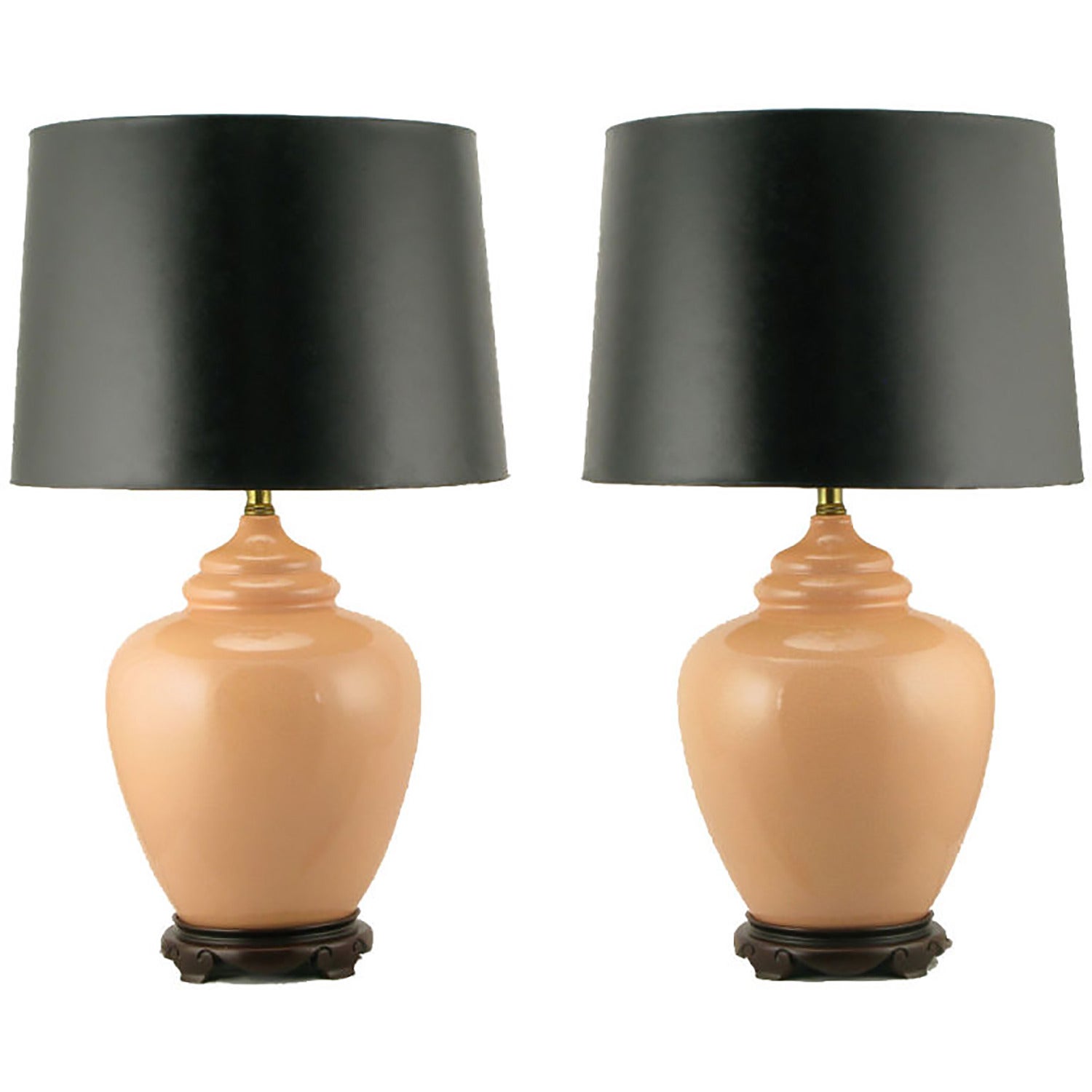 Pair Peach Crackle-Glaze Chinoiserie Table Lamps For Sale