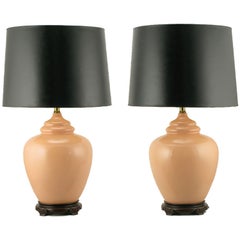 Pair Peach Crackle-Glaze Chinoiserie Table Lamps