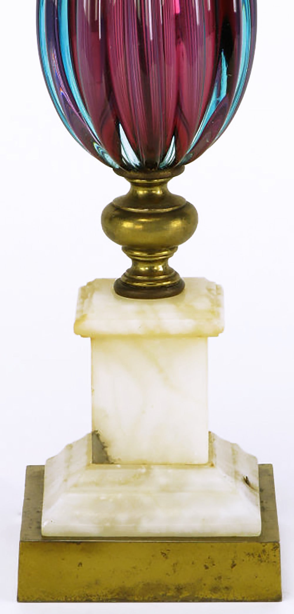 Italian Reeded Amethyst & Aquamarine Murano Glass Table Lamp With Carrera Marble Base For Sale