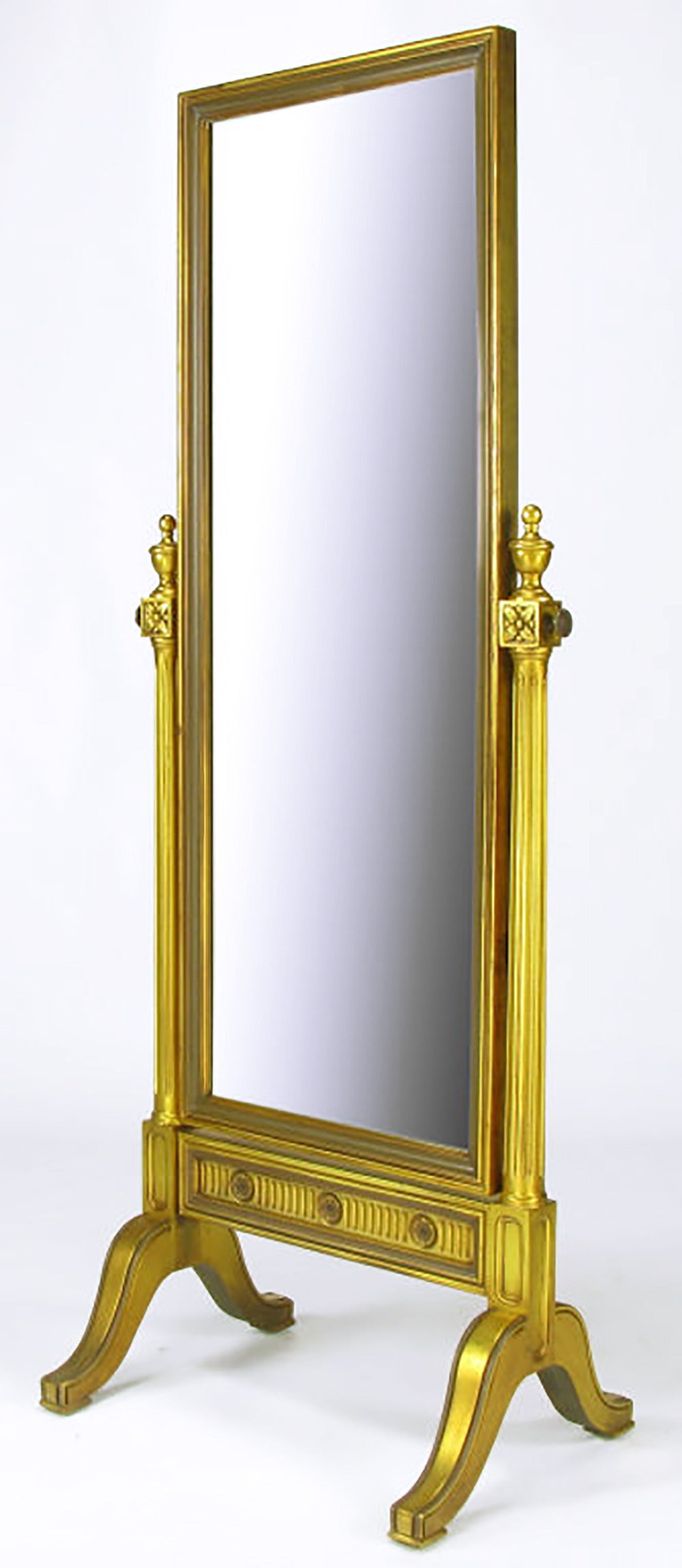 Gilt wood regency style neoclassical cheval mirror. Fluted stand, bottom panel with rosettes and finials.
Mirror itself is 52