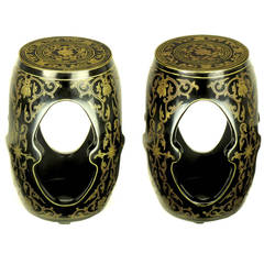 Pair of Lacquered and Parcel-Gilt Carved Wood Chinese Garden Seats
