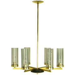 Brass and Black Lacquer Six-Light Chandelier with Hurricane Shades 5
